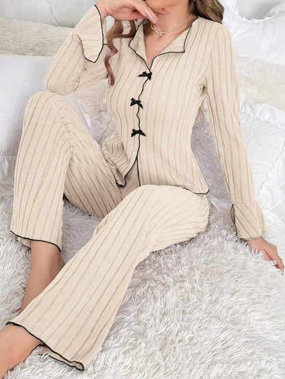 2025 Autumn Winter Warm Sleepwear Women Pajamas Set Lapel Bow Flannel Loose Long Sleeve Tshirt Tops and Trousers Home Suit